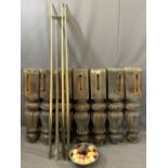 VICTORIAN BILLIARD TABLE LEGS (7), quantity of billiard balls and associated cues, the 80cms H