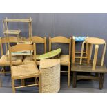 FOUR RUSH SEATED CHAIRS with four items of occasional furniture, 72cms H, 80cms square top the table