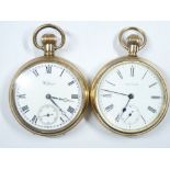 TWO GENT'S WALTHAM HALF CASE ROLLED GOLD POCKET WATCHES, each with white enamel dial, Roman numerals