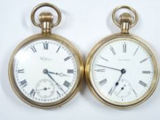 TWO GENT'S WALTHAM HALF CASE ROLLED GOLD POCKET WATCHES, each with white enamel dial, Roman numerals