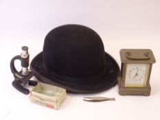 BOWLER HAT (label faded but marked 'Special Ventilation), Merit boxed microscope, and a brass