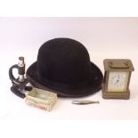 BOWLER HAT (label faded but marked 'Special Ventilation), Merit boxed microscope, and a brass