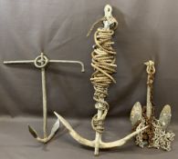 GALVANIZED KEDGE and two small, galvanized boat anchors, 48cms, 56cms and 85cms lengths