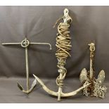 GALVANIZED KEDGE and two small, galvanized boat anchors, 48cms, 56cms and 85cms lengths