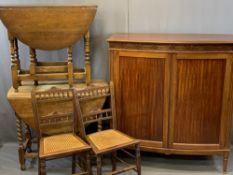 EARLY 20TH CENTURY MAHOGANY BOW FRONTED RECORD CABINET, 119.5cms H, 111cms W, 47cms D and an oak