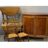 EARLY 20TH CENTURY MAHOGANY BOW FRONTED RECORD CABINET, 119.5cms H, 111cms W, 47cms D and an oak