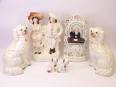 STAFFORDSHIRE FLATBACKS including Wesley, also two pairs of Comforter Dogs