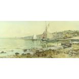 JOSEPH HUGHES CLAYTON watercolour - 'Outward on The Tide' - fishing boats at Cemaes Bay, signed,