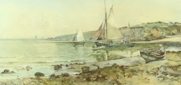 JOSEPH HUGHES CLAYTON watercolour - 'Outward on The Tide' - fishing boats at Cemaes Bay, signed,