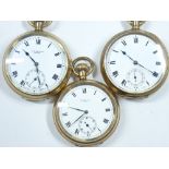 THREE HALF CASE ROLLED GOLD GENT'S POCKET WATCHES - one Waltham, one Benson and another, all with