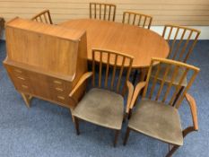 MID-CENTURY TEAK DINING SUITE of extending dining table with fold-out leaf, 76cms H, 151.5cms L,