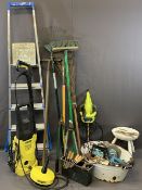 KARCHER PRESSURE WASHER, long handle garden tools, vintage tin tub and contents, milking stool and