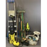 KARCHER PRESSURE WASHER, long handle garden tools, vintage tin tub and contents, milking stool and