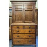 19th CENTURY OAK PRESS CUPBOARD, two piece, having a two door, three shelved upper section over a