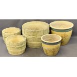 RECONSTITUTED STONE GARDEN PLANTERS (5) - three imitation barrel style, 31cms H, 43cms diameter, two