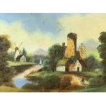 PAINTING ON GLASS - rural river scene, lone figure to foreground, windmill and distant boat,