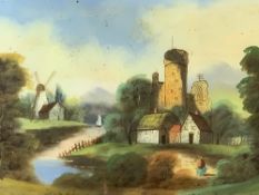 PAINTING ON GLASS - rural river scene, lone figure to foreground, windmill and distant boat,