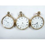 THREE HALF CASE ROLLED GOLD GENT'S POCKET WATCHES, all with white enamel dial and Roman numerals