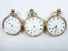 THREE HALF CASE ROLLED GOLD GENT'S POCKET WATCHES, all with white enamel dial and Roman numerals