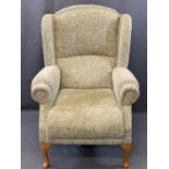 WINGBACK ARMCHAIR in textured leaf pattern upholstery, 110cms H, 80cms W, 85cms D overall