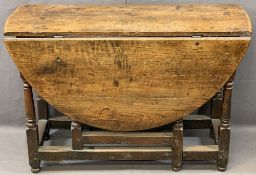 LATE 18TH/EARLY 19TH CENTURY DROP LEAF OAK TABLE on turned and block supports, 72cms H, 39cms W,