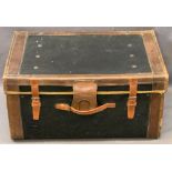 VINTAGE LEATHER BANDED TRUNK with interior tray, 35cms H, 69cms W, 48cms D