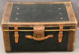 VINTAGE LEATHER BANDED TRUNK with interior tray, 35cms H, 69cms W, 48cms D