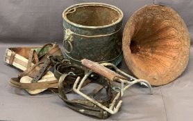 VINTAGE COPPERIZED LOG BUCKET/BIN and a fancy tin ware gramophone horn, the log bin with lion mask