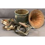 VINTAGE COPPERIZED LOG BUCKET/BIN and a fancy tin ware gramophone horn, the log bin with lion mask