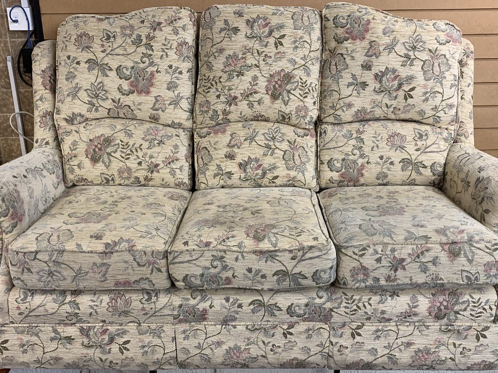 RUTLAND THREE SEATER SOFA in natural floral pattern, 102cms H, 180cms W, 90cms D overall