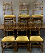 KENDAL MILNE REPRODUCTION OAK FINISH DINING TABLE & 6 CHAIRS, rectangular top on scrollwork end