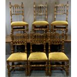 KENDAL MILNE REPRODUCTION OAK FINISH DINING TABLE & 6 CHAIRS, rectangular top on scrollwork end