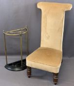 FINIAL CAPPED VICTORIAN BRASS & CAST METAL STICKSTAND and a vintage upholstered Prie Dieu chair,