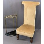 FINIAL CAPPED VICTORIAN BRASS & CAST METAL STICKSTAND and a vintage upholstered Prie Dieu chair,