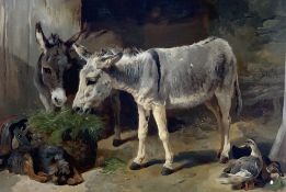 GEORGE WILLIAM HORLOR (1823 - 1895) oil on canvas (laid to board) - Donkeys eating hay beside a