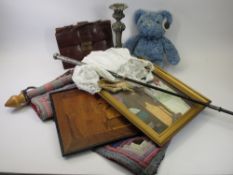 EPNS CANDLEHOLDER, 31cms tall, vintage parasol handle, B.S.N. teddy bear, vintage stationery bag/pad