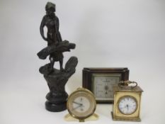 SPELTER FIGURE OF A LADY AT HARVEST TIME, 45cms tall, Smith vintage alarm clock, barometer and