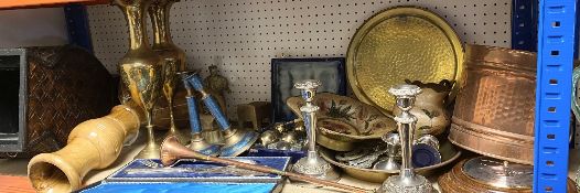 HORSE BRASSES, CASED EPNS CARVING SET, copper horn, treen, a planter and bongo and a large