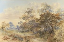 JOSIAH PARLBY fine watercolour - tree and landscape scene with sheep grazing, signed and dated 1883,