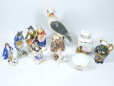 A MEISSEN STYLE PARROT, an Early Meissen style tea caddy, Dresden teacup, various figures with