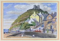 W G SMITH watercolour - Criccieth Castle with figures and cars by The Lifeboat Station, signed, 23 x