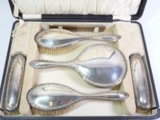 CASED SILVER HAND MIRROR, BRUSH & COMB DRESSING TABLE SET, 6 PIECE, Birmingham 1925 and 1926,