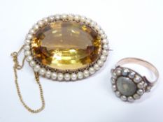 VICTORIAN SEED PEARL SET BROOCH & RING, the 4 x 3cms brooch with large central golden brown