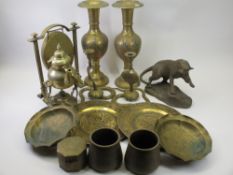 BRASSWARE - a good assortment of Eastern themed including an interesting pair of pots with white