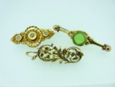 VICTORIAN BAR BROOCHES (3) to include a fancy example set with three small diamonds stamped '