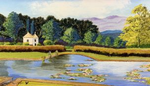 FRANK WORRALL FRCA a pair of naive oils on board - 1. The Lily Pond at Bodnant, and 2. The Residence