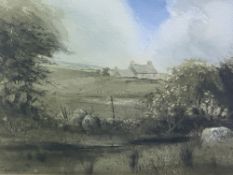 KEITH ANDREW 1984 watercolour - rural scene with central dwelling and net fencing on stone wall to