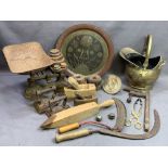 WEIGHING SCALES with a quantity of weights, irons, block planes, scythes, coal scuttle ETC