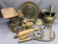 WEIGHING SCALES with a quantity of weights, irons, block planes, scythes, coal scuttle ETC