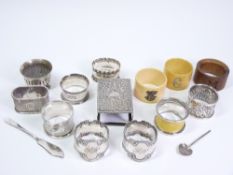 SMALL SILVER & OTHER COLLECTABLES to include six napkin rings, one finished in yellow guilloche